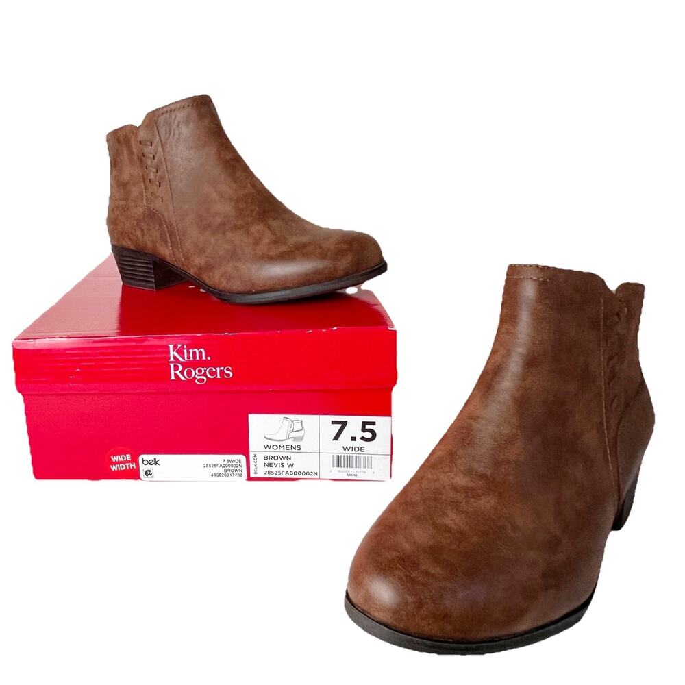 NEW Kim Rogers HAYES Brown Faux Leather Side Zip Ankle Boots Womens Size 7.5M